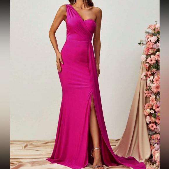 Luxe one shoulder slit thighs party formal evening bridesmaids wedding dress - Picture 6 of 6